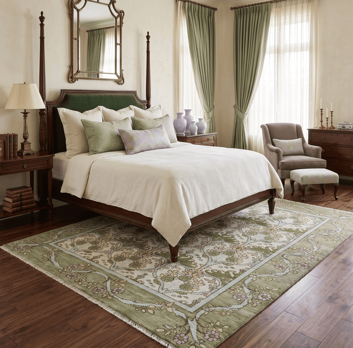 8.6x10 Hand Knotted Ivory and Green Floral Traditional Antique Style Wool Area Rug