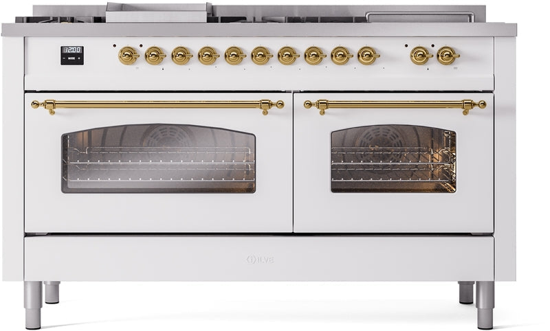 ILVE Nostalgie II 60" Dual Fuel Natural Gas Range in White with Brass Trim, UP60FSNMPWHG