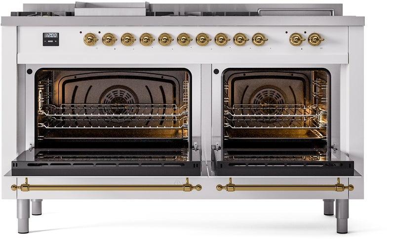 ILVE Nostalgie II 60" Dual Fuel Natural Gas Range in White with Brass Trim, UP60FSNMPWHG