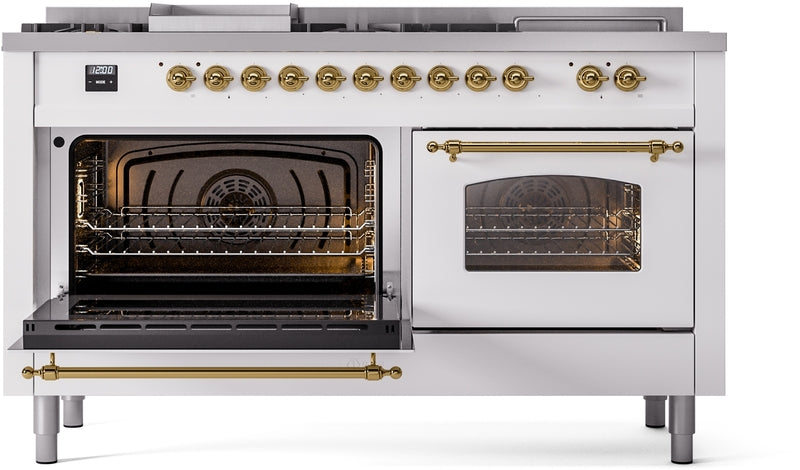 ILVE Nostalgie II 60" Dual Fuel Natural Gas Range in White with Brass Trim, UP60FSNMPWHG