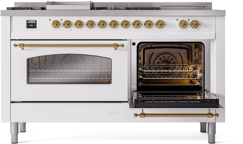 ILVE Nostalgie II 60" Dual Fuel Natural Gas Range in White with Brass Trim, UP60FSNMPWHG