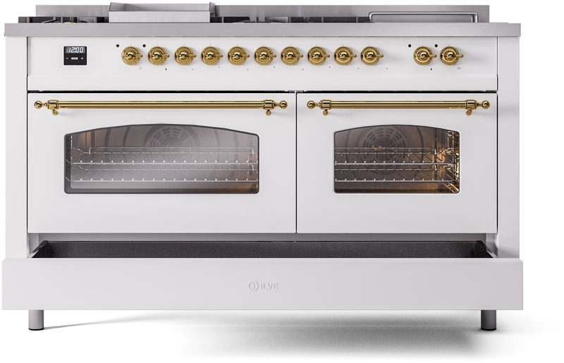 ILVE Nostalgie II 60" Dual Fuel Natural Gas Range in White with Brass Trim, UP60FSNMPWHG