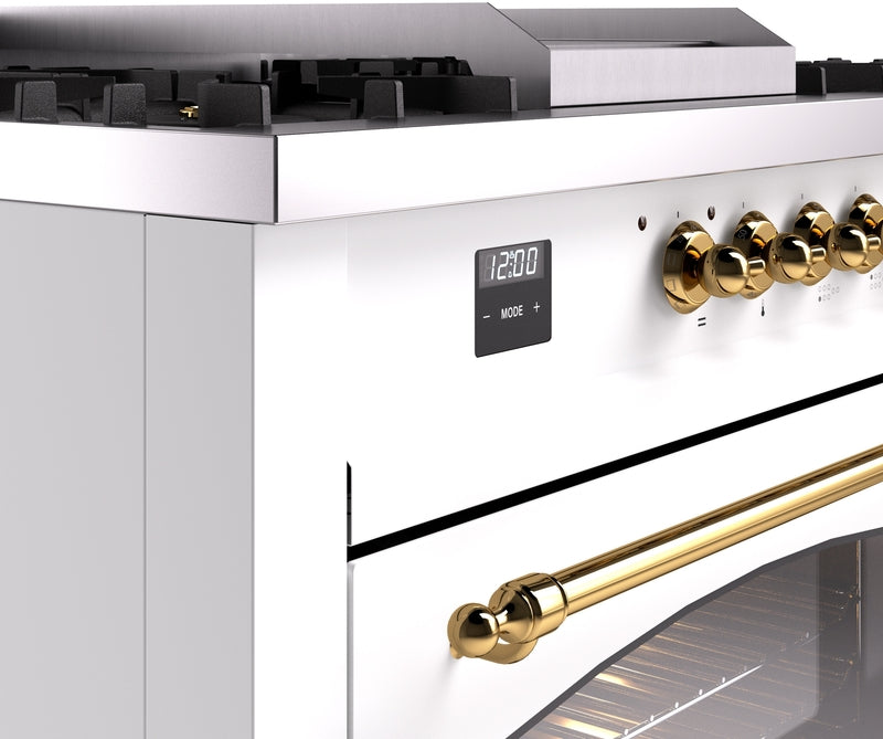 ILVE Nostalgie II 60" Dual Fuel Natural Gas Range in White with Brass Trim, UP60FSNMPWHG