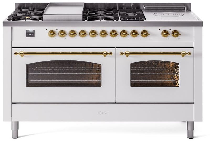 ILVE Nostalgie II 60" Dual Fuel Natural Gas Range in White with Brass Trim, UP60FSNMPWHG