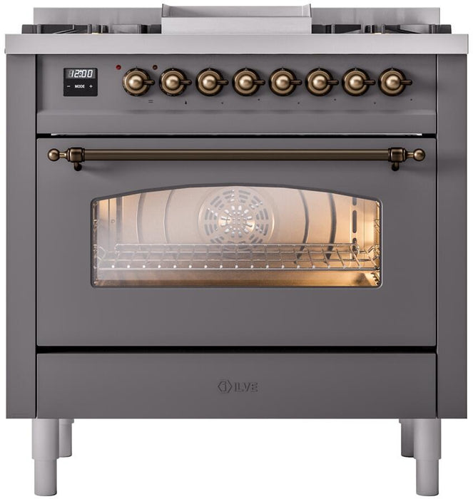 ILVE Nostalgie II 36" Dual Fuel Natural Gas Range in Matte Graphite with Bronze Trim, UP36FNMPMGB