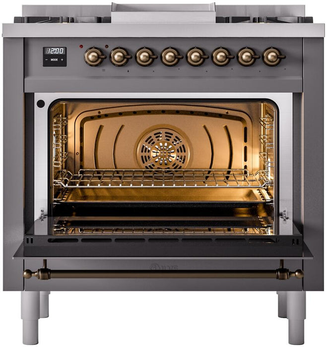 ILVE Nostalgie II 36" Dual Fuel Natural Gas Range in Matte Graphite with Bronze Trim, UP36FNMPMGB