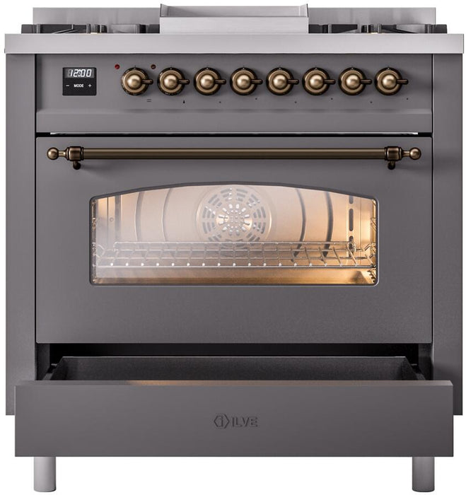 ILVE Nostalgie II 36" Dual Fuel Natural Gas Range in Matte Graphite with Bronze Trim, UP36FNMPMGB