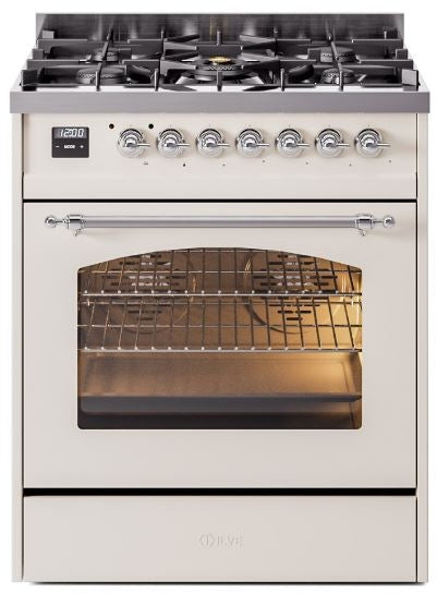 ILVE Nostalgie II 30" Dual Fuel Propane Gas Range in Antique White with Chrome Trim, UP30NMPAWCLP