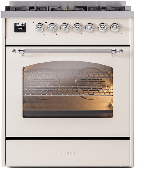 ILVE Nostalgie II 30" Dual Fuel Propane Gas Range in Antique White with Chrome Trim, UP30NMPAWCLP