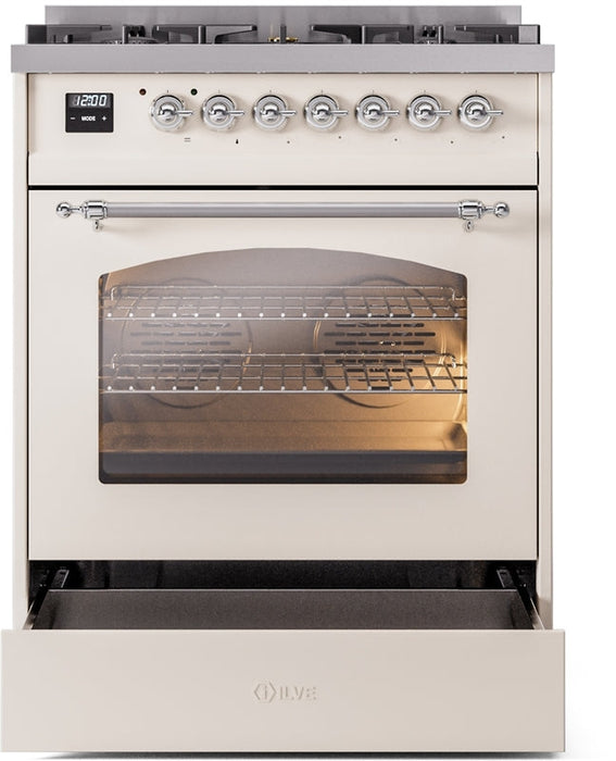 ILVE Nostalgie II 30" Dual Fuel Propane Gas Range in Antique White with Chrome Trim, UP30NMPAWCLP