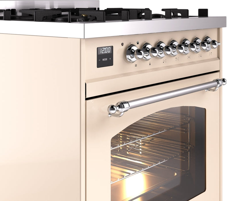 ILVE Nostalgie II 30" Dual Fuel Propane Gas Range in Antique White with Chrome Trim, UP30NMPAWCLP