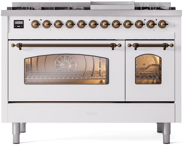 ILVE Nostalgie II 48" Dual Fuel Natural Gas Range in White with Bronze Trim, UP48FNMPWHB