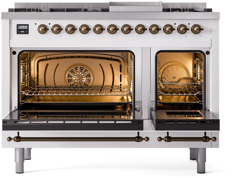 ILVE Nostalgie II 48" Dual Fuel Natural Gas Range in White with Bronze Trim, UP48FNMPWHB