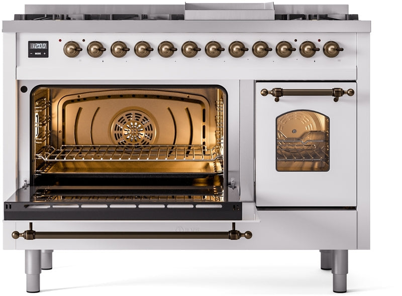 ILVE Nostalgie II 48" Dual Fuel Natural Gas Range in White with Bronze Trim, UP48FNMPWHB