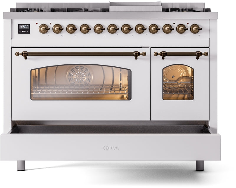 ILVE Nostalgie II 48" Dual Fuel Natural Gas Range in White with Bronze Trim, UP48FNMPWHB