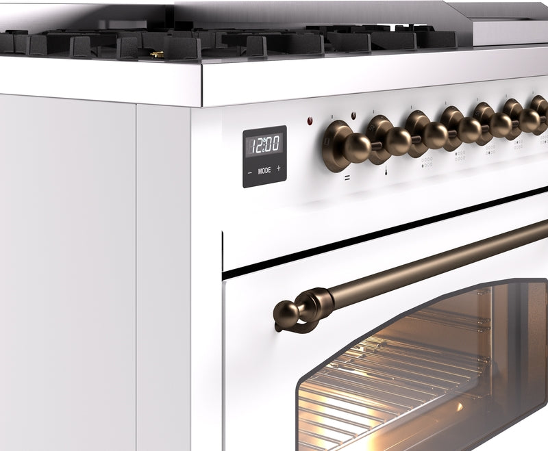 ILVE Nostalgie II 48" Dual Fuel Natural Gas Range in White with Bronze Trim, UP48FNMPWHB