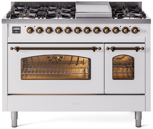 ILVE Nostalgie II 48" Dual Fuel Natural Gas Range in White with Bronze Trim, UP48FNMPWHB