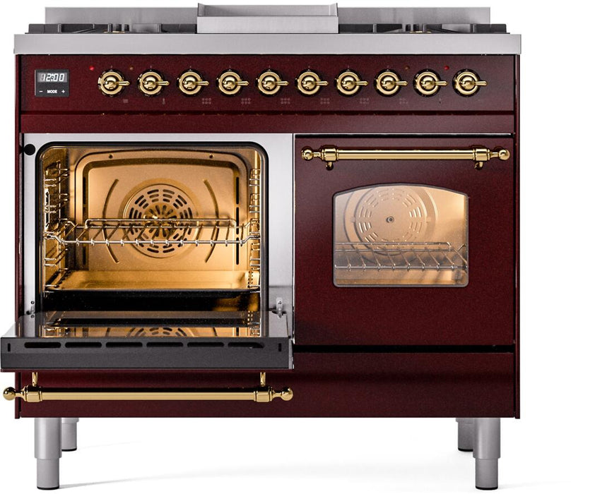 ILVE Nostalgie II 40" Dual Fuel Natural Gas Range in Burgundy with Brass Trim, UPD40FNMPBUG