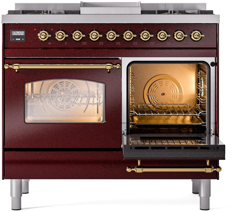 ILVE Nostalgie II 40" Dual Fuel Natural Gas Range in Burgundy with Brass Trim, UPD40FNMPBUG