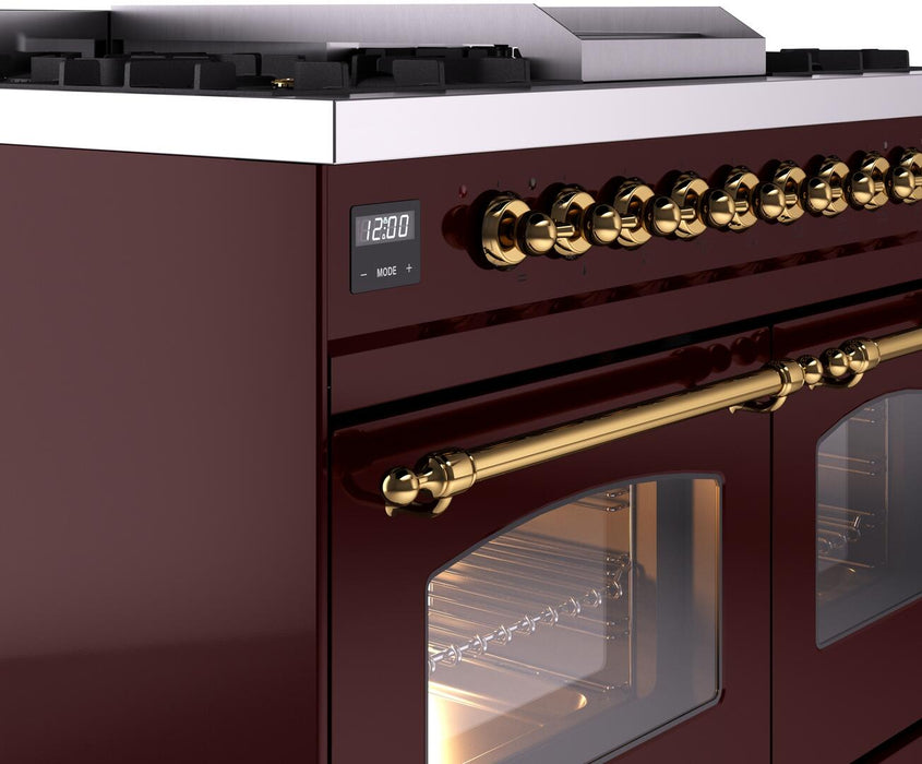 ILVE Nostalgie II 40" Dual Fuel Natural Gas Range in Burgundy with Brass Trim, UPD40FNMPBUG