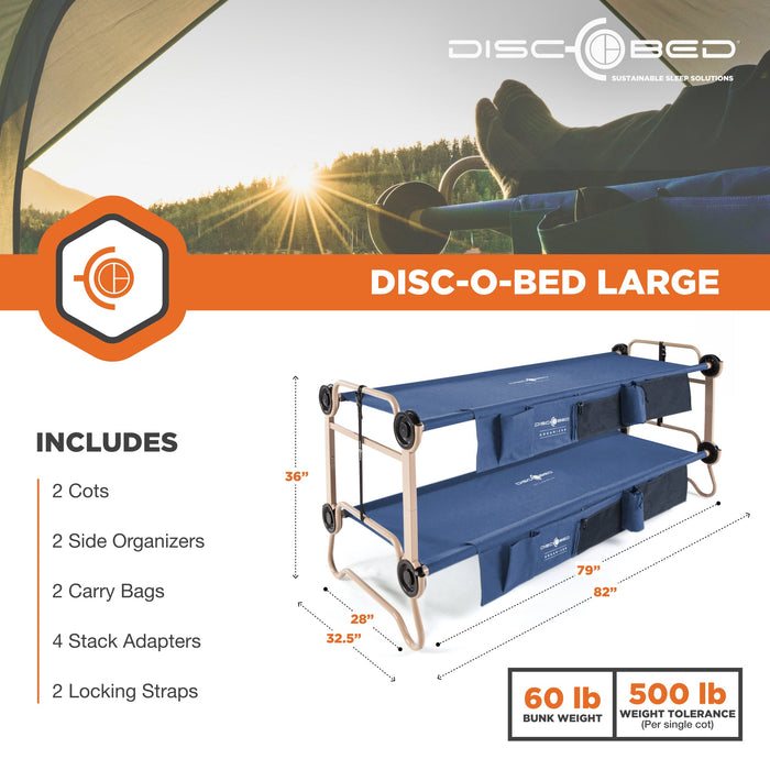 Disc-O-Bed Large Cam-O-Bunk Benchable Double Cot with Storage Organizers, Navy