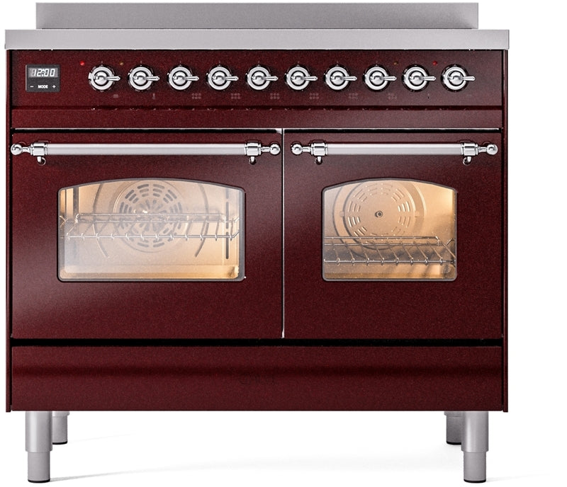 ILVE Nostalgie II 40" Induction Range with Element Stove and Electric Oven in Burgundy with Chrome Trim, UPDI406NMPBUC