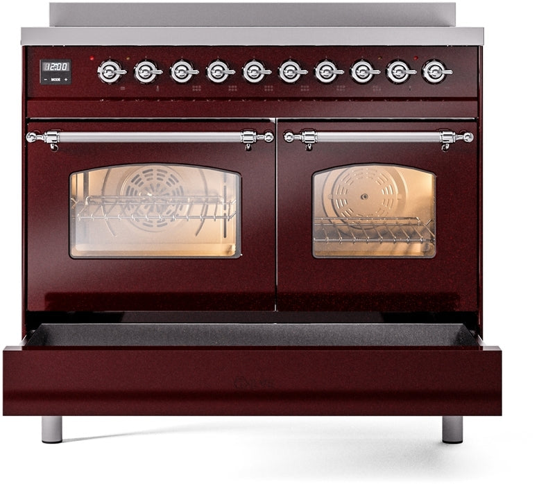 ILVE Nostalgie II 40" Induction Range with Element Stove and Electric Oven in Burgundy with Chrome Trim, UPDI406NMPBUC