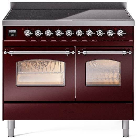 ILVE Nostalgie II 40" Induction Range with Element Stove and Electric Oven in Burgundy with Chrome Trim, UPDI406NMPBUC