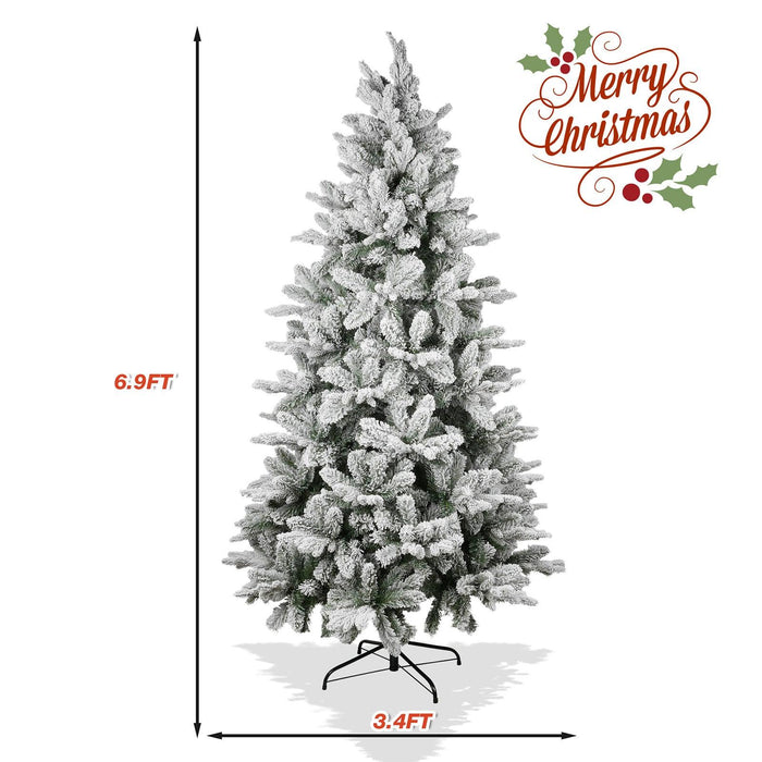 6.9ft Artificial Christmas Pine Tree Snow Flocked Xmas Tree with 950 Branch Tips Metal Frame