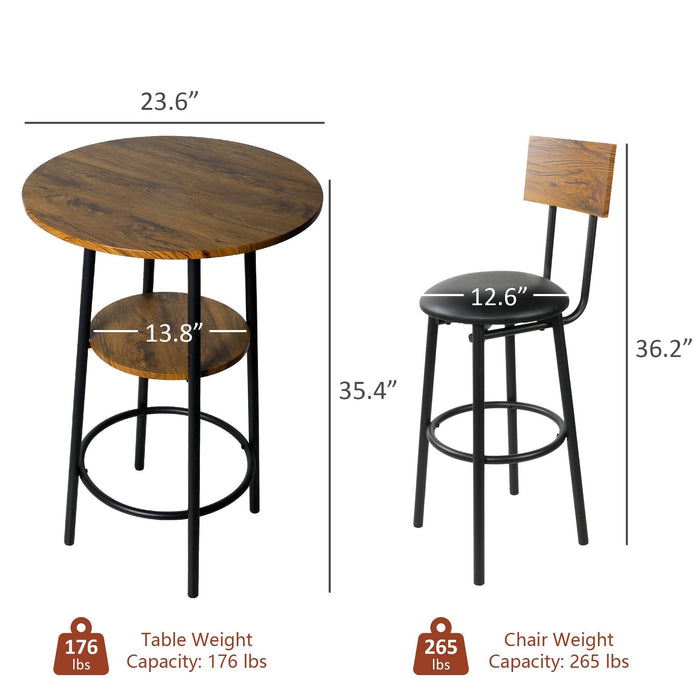 Round Bar Table Set, 2-Tier Table 23.6" for 2 with 2 Upholstered Bar Stools with Backrest