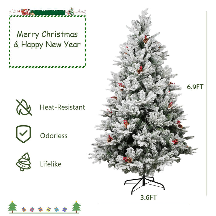 6.9ft Artificial Christmas Tree Snow Flocked Xmas Tree with 1150 Branch Tips Pine Cones and Red Berries