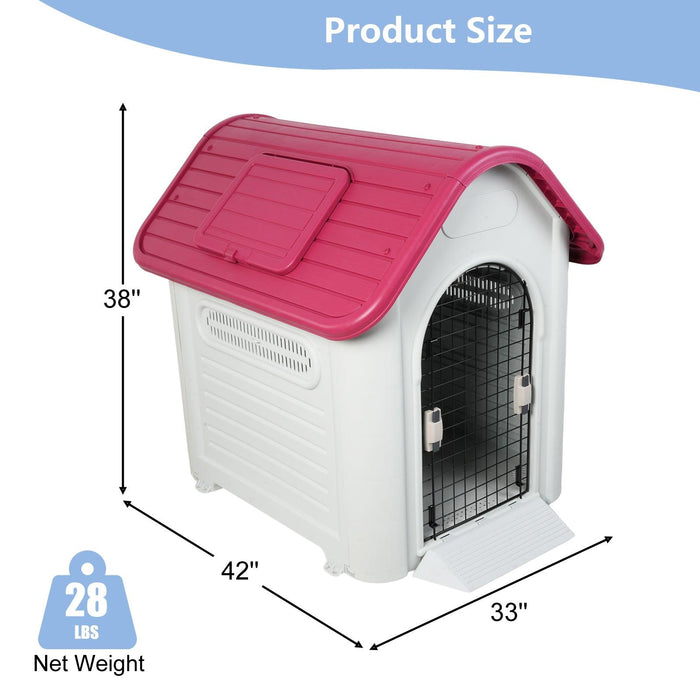 Outdoor Dog House Plastic Waterproof Kennel with Air Vents, 42"L x 33"W x 38"H, Red Roof