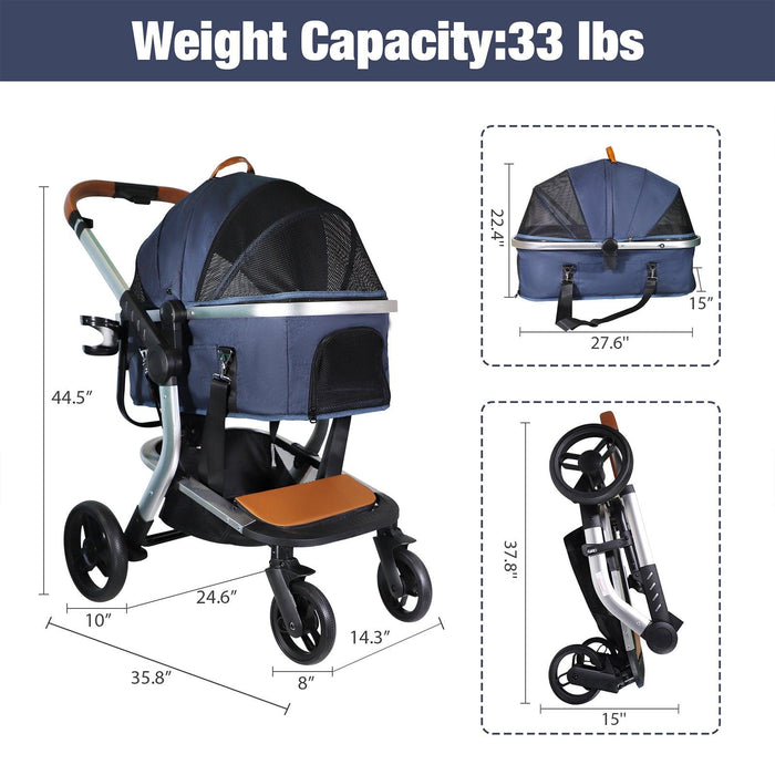 3 in 1 Travel Dog Stroller Pet Carrier with Detachable Carrier & Adjustable Handle, Blue