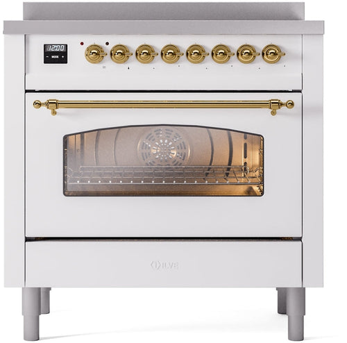 ILVE Nostalgie II 36 inch induction range in white with brass trim