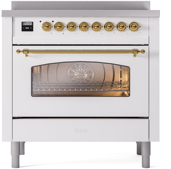 ILVE Nostalgie II 36" Induction Range with Element Stove and Electric Oven in White with Brass Trim, UPI366NMPWHG