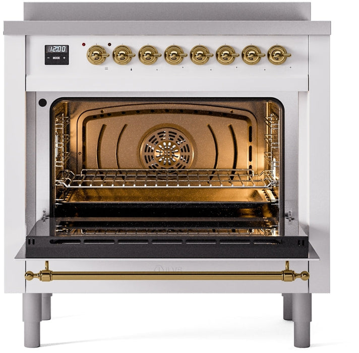 ILVE Nostalgie II 36" Induction Range with Element Stove and Electric Oven in White with Brass Trim, UPI366NMPWHG