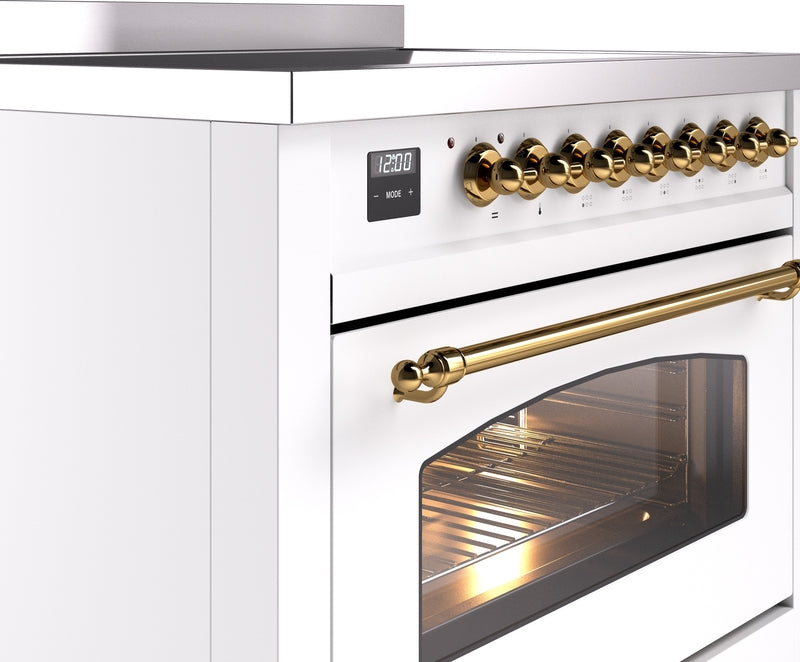 ILVE Nostalgie II 36" Induction Range with Element Stove and Electric Oven in White with Brass Trim, UPI366NMPWHG