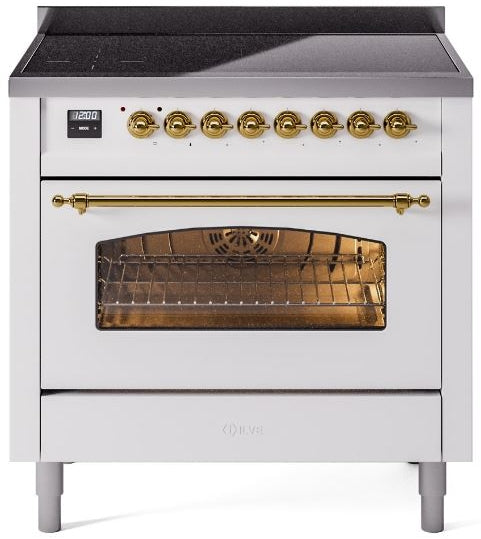 ILVE Nostalgie II 36" Induction Range with Element Stove and Electric Oven in White with Brass Trim, UPI366NMPWHG