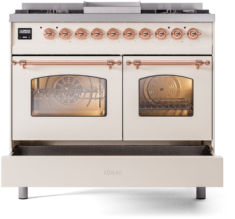 ILVE Nostalgie II 40" Dual Fuel Propane Gas Range in Antique White with Copper Trim, UPD40FNMPAWPLP