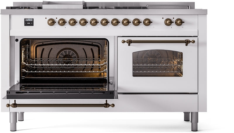 ILVE Nostalgie II 60" Dual Fuel Natural Gas Range in White with Bronze Trim, UP60FSNMPWHB