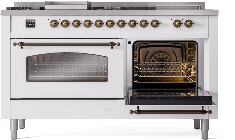 ILVE Nostalgie II 60" Dual Fuel Natural Gas Range in White with Bronze Trim, UP60FSNMPWHB