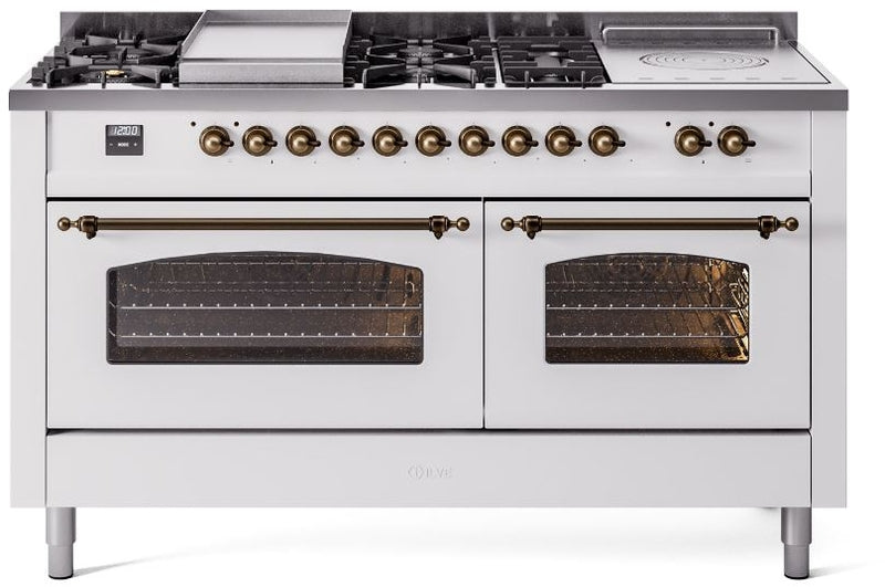 ILVE Nostalgie II 60" Dual Fuel Natural Gas Range in White with Bronze Trim, UP60FSNMPWHB