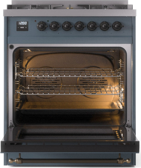 ILVE Nostalgie II 30" Dual Fuel Propane Gas Range in Blue Grey with Bronze Trim, UP30NMPBGBLP