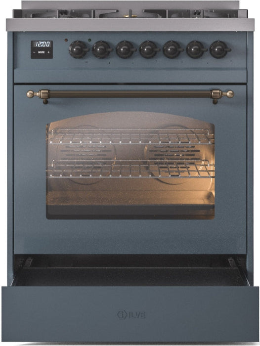 ILVE Nostalgie II 30" Dual Fuel Propane Gas Range in Blue Grey with Bronze Trim, UP30NMPBGBLP