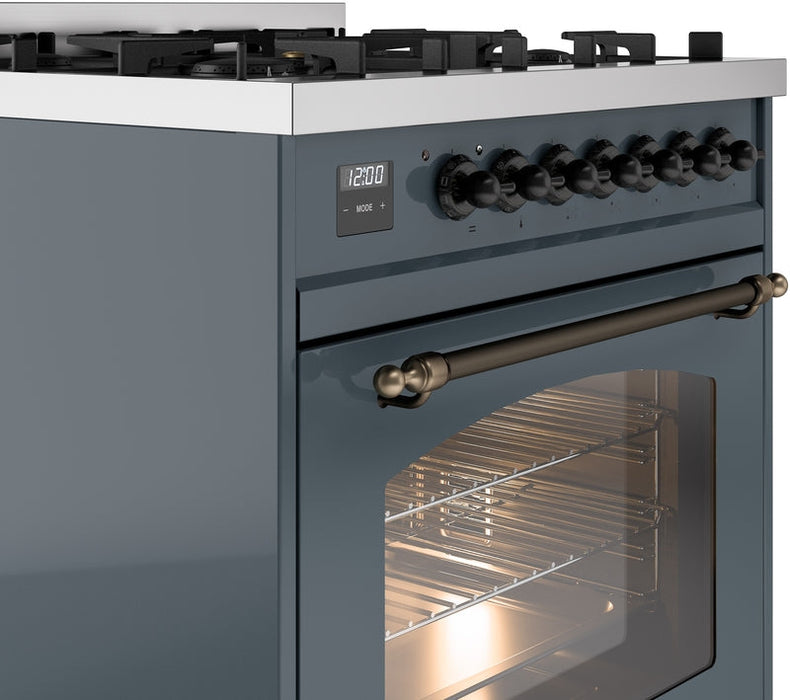 ILVE Nostalgie II 30" Dual Fuel Propane Gas Range in Blue Grey with Bronze Trim, UP30NMPBGBLP