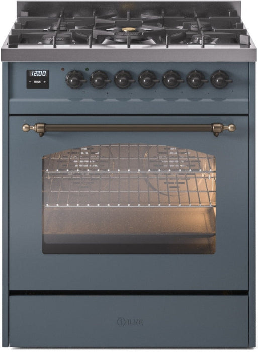 ILVE Nostalgie II 30" Dual Fuel Propane Gas Range in Blue Grey with Bronze Trim, UP30NMPBGBLP