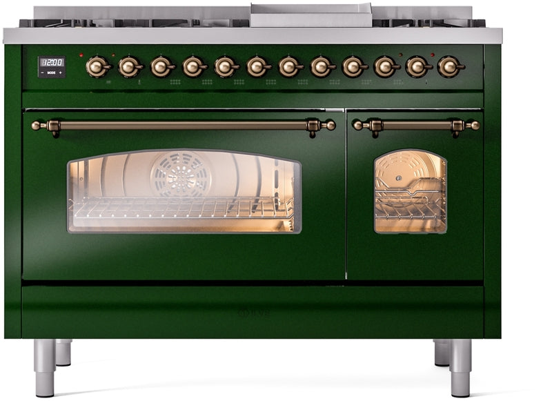 ILVE Nostalgie II 48" Dual Fuel Natural Gas Range in Emerald Green with Bronze Trim, UP48FNMPEGB