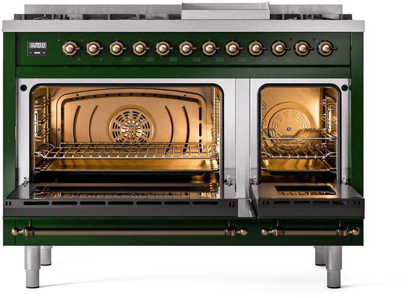 ILVE Nostalgie II 48" Dual Fuel Natural Gas Range in Emerald Green with Bronze Trim, UP48FNMPEGB