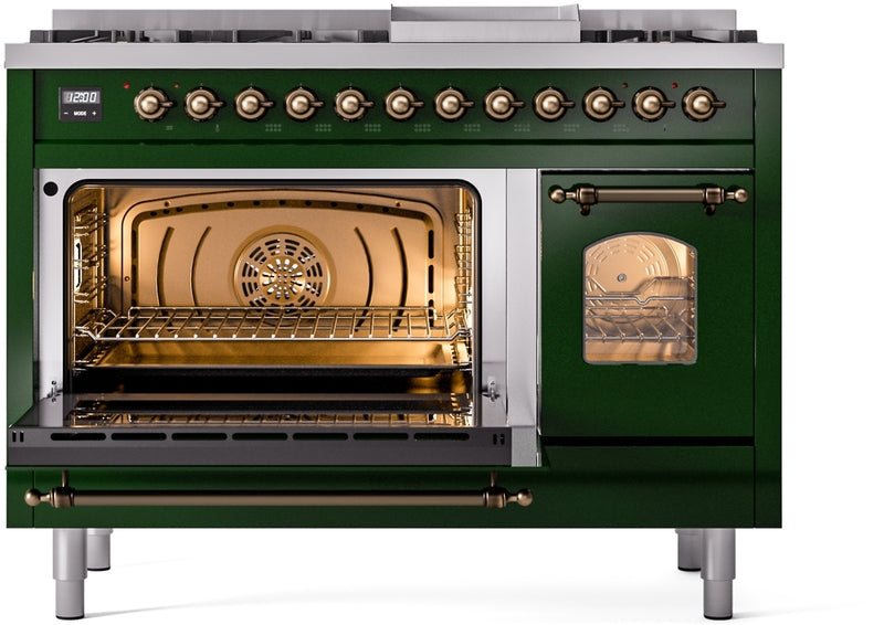 ILVE Nostalgie II 48" Dual Fuel Natural Gas Range in Emerald Green with Bronze Trim, UP48FNMPEGB