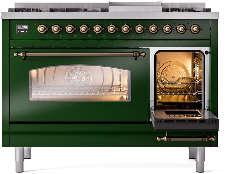 ILVE Nostalgie II 48" Dual Fuel Natural Gas Range in Emerald Green with Bronze Trim, UP48FNMPEGB